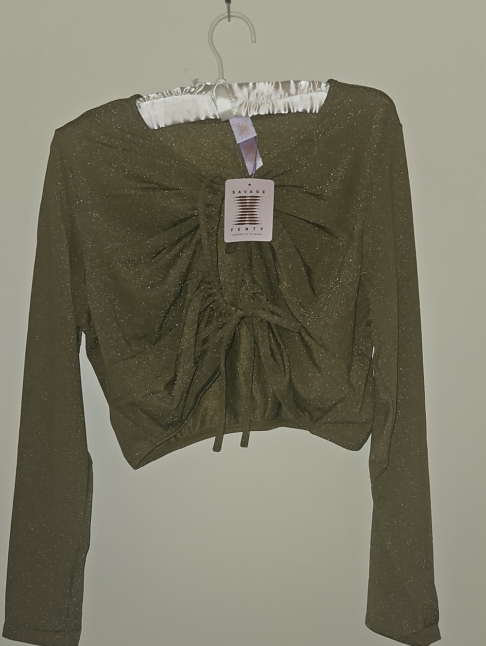 Savage X Fenty Olive Green Sparkle Ruched Long Sleeve Crop Top